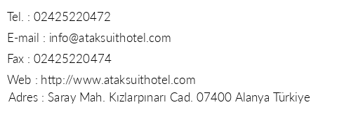 Atak Suit Hotel telefon numaralar, faks, e-mail, posta adresi ve iletiim bilgileri